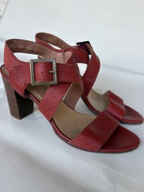 Red Leather Block Heel Sandals